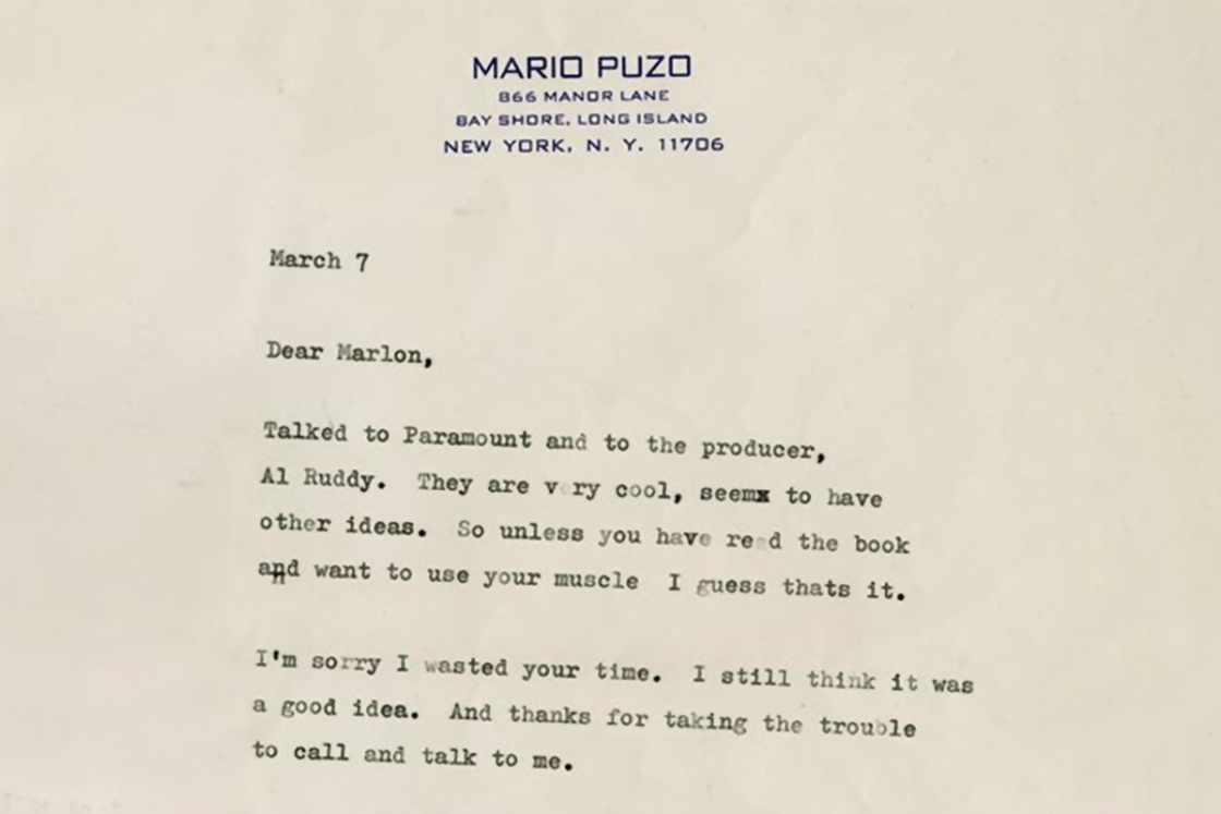 letter from Mario Puzo to Marlon Brando