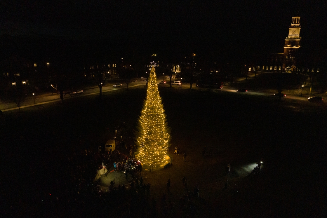 Aerial of Christmas tree on Dartmouth Green