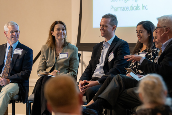 Panel discussion with panelists from Boehringer Ingelheim Pharmaceuticals, Blue Cross Blue Shield C1 Innovation Lab, Trinity Life Sciences, and LRVHealth