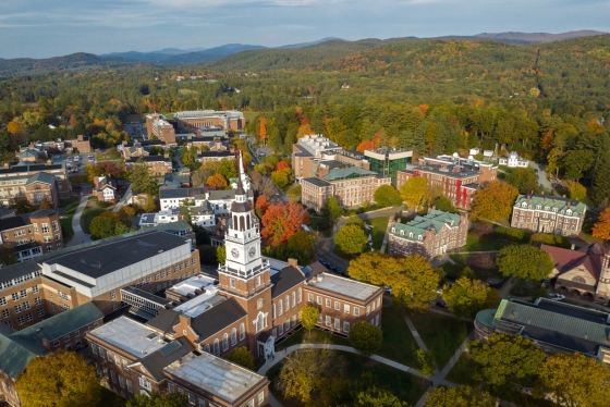 Aerial of Dartmouth campus in the fall