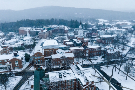 Aerial of Dartmouth campus covered with snow