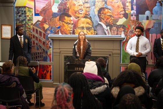 Dakota Onyenorah '26 speaks at an MLK commemoration.