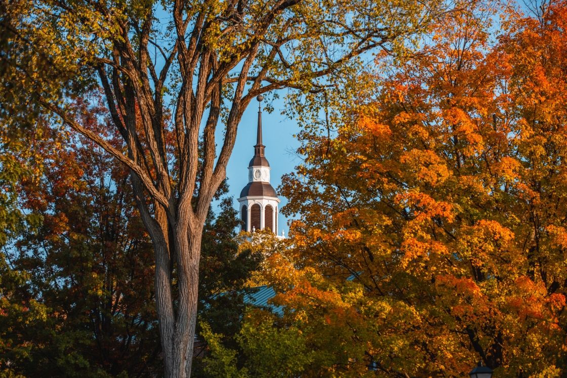 Baker tower framed by fall trees