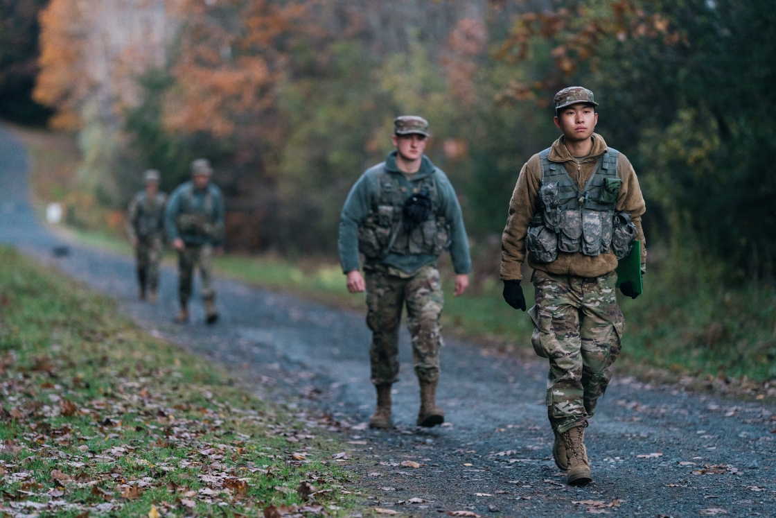 ROTC members walking down a path