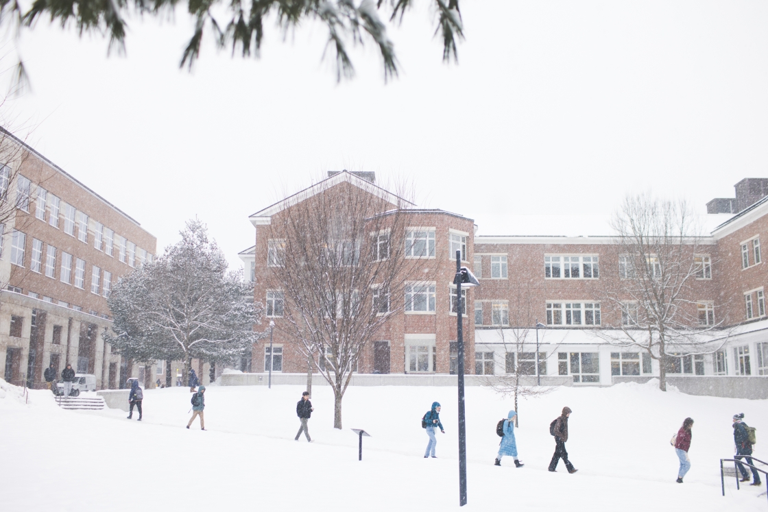 Students walk to classes on a snowy day