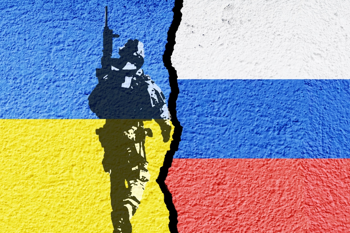 Graphic of soldier and Ukrainian/Russian flag