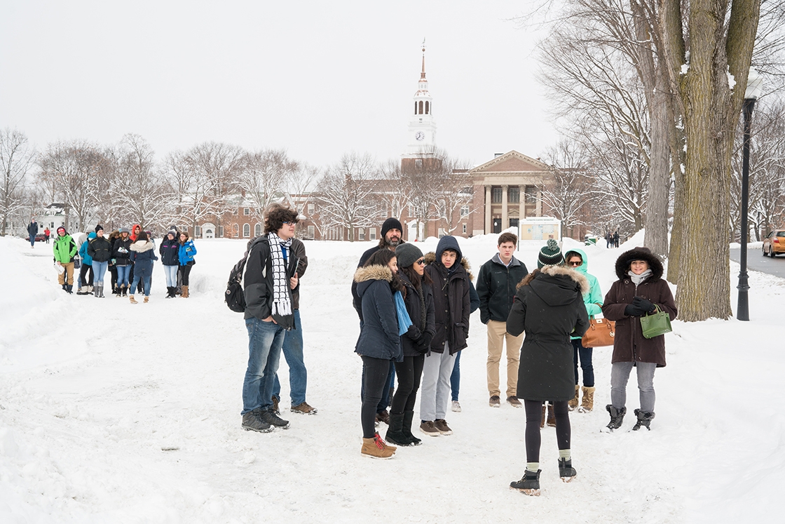Prospective students during a tour of campus in winter