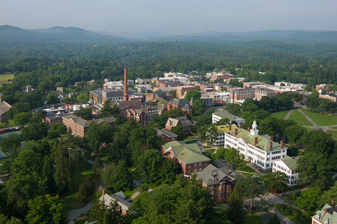 an aerial view of campus in the summer