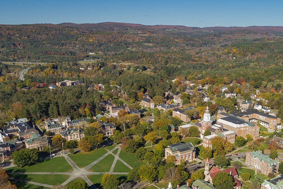 an aerial view of campus in fall