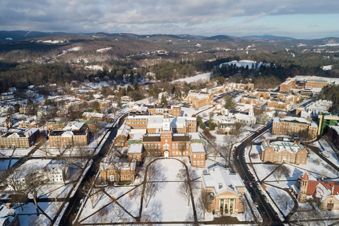 an aerial view of Baker Tower on a snowy day