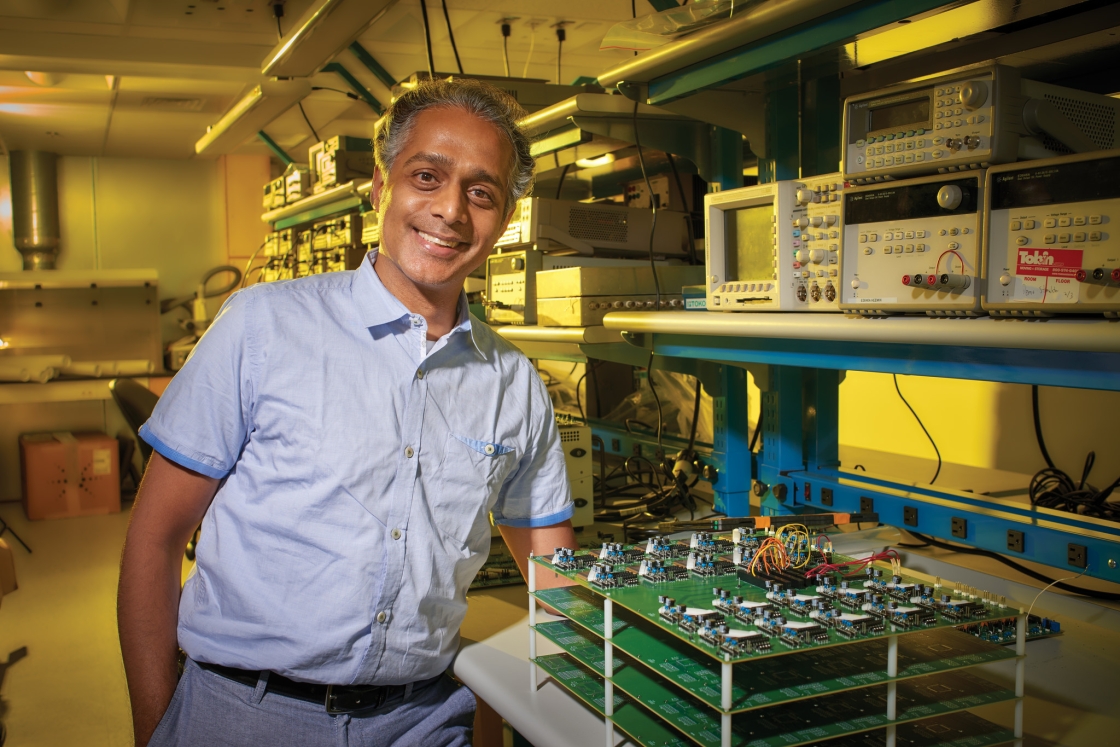“I love the sizzle in the brain created by an invention that solves a problem you have been working on intensely,” Professor Rahul Sarpeshkar says. (Photo by John Sherman)