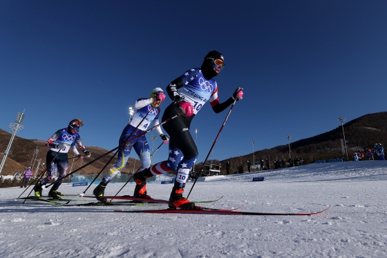 Rosie Brennan '11 competes in the women's skiathlon at the Beijing Olympics.