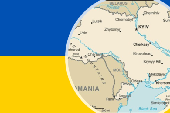 Graphic with map of Kyiv, Ukraine inset on the flag of Ukraine