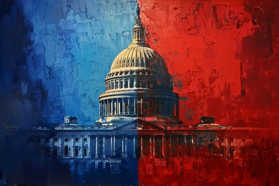 US Capitol building with half red half blue overlay