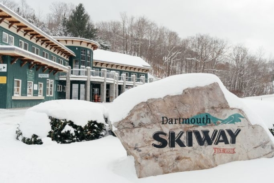the snow covered entrance to the Dartmouth Skiway