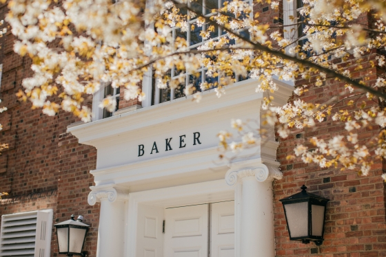 Baker entrance and spring flowers