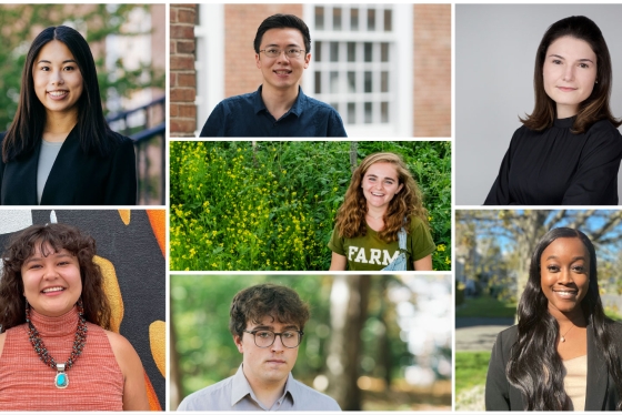 The 2021 Fulbright and DAAD recipients. Top, from left: Sunny Tang '21, Alexander Soong '21, Megan Clyne '19; center: Rachel Kent '21; bottom, from left: Alexandria Hawley '19, Stephen Valeri, GR'21, and Nia Gooding '20.