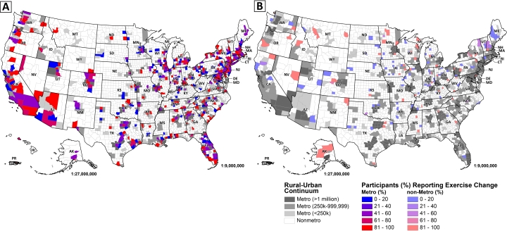 U.S. maps of participants by percentage reporting exercise change in metropolitan versus non-metropolitan areas. Figure by Elise J. Laugier.
