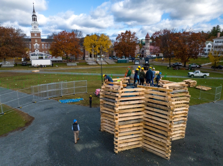 Construction of the bonfire at Dartmouth
