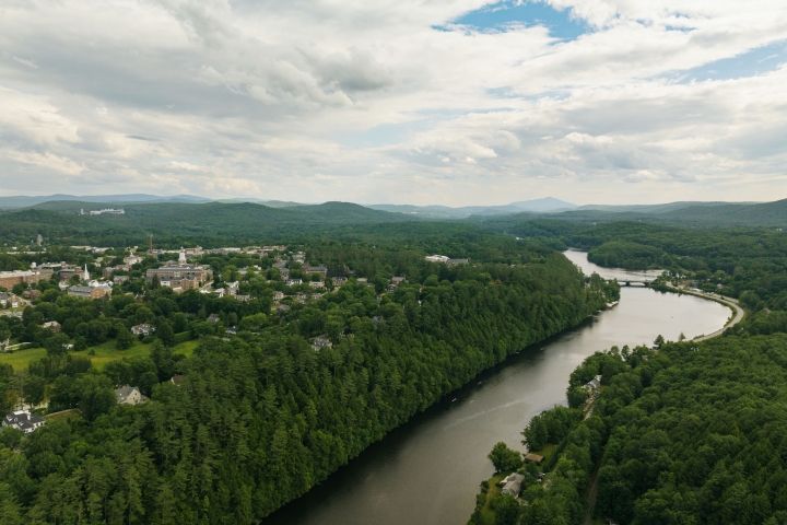 Aerial of Dartmouth campus and Connecticut River