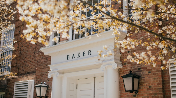 Baker entrance and spring flowers