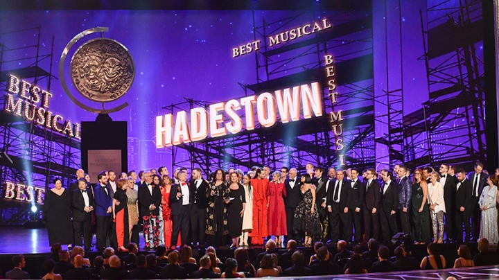 The company of “Hadestown” accept the award for best musical at the Tony Awards at Radio City Music Hall in New York on Sunday.