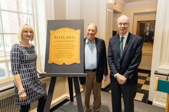 Dartmouth’s Dean of Libraries Susanne Mehrer, Richard Reiss Jr. ’66, and President Philip J. Hanlon ’77 at the ceremony dedicating the Dartmouth Library’s Reiss Hall.