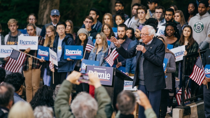 Images of Sen. Bernie Sanders (I-Vt.) speaking to Dartmouth students during a campaign rally among the pines at the Bema.
