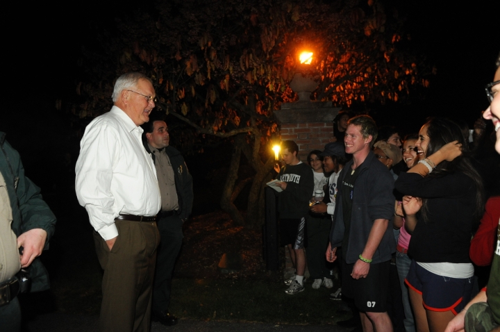 President Emeritus James Wright speaks to a group of students the evening of the presidential election in 2008.