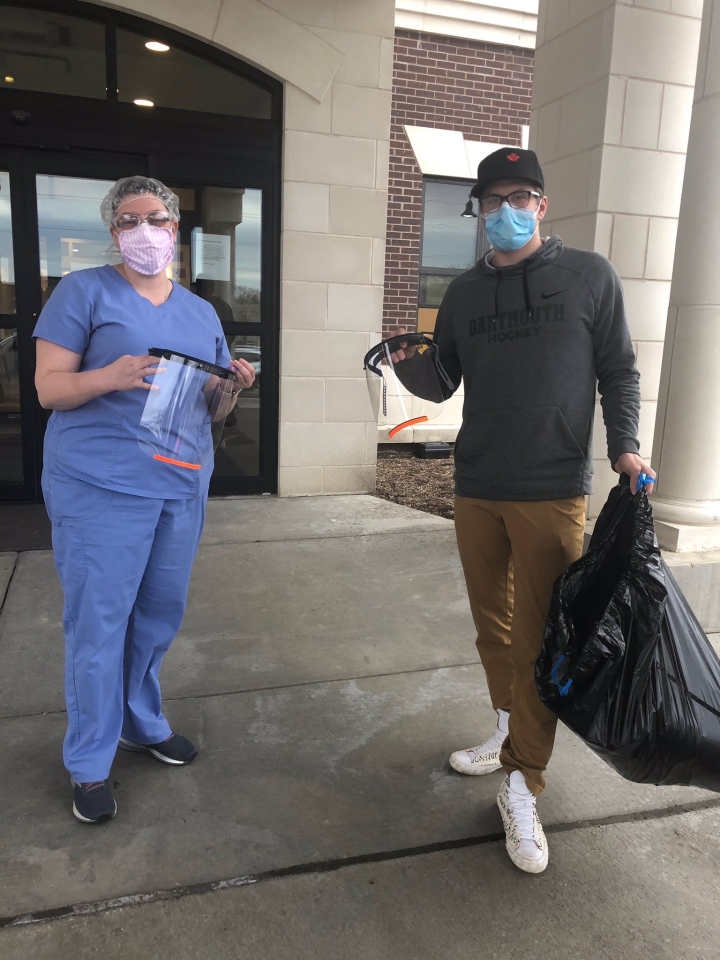 Jeff Losurdo '22 distributes face shields made at home on a 3-D printer to health care workers in his home state of Illinois.