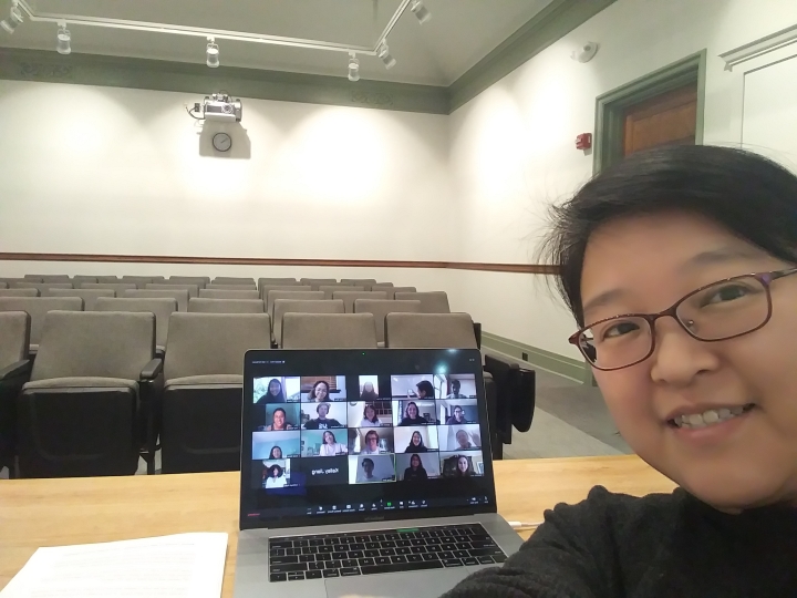 Sunglim Kim, associate professor of art history, remotely teaches &quot;East Meets West&quot; from a Dartmouth classroom.